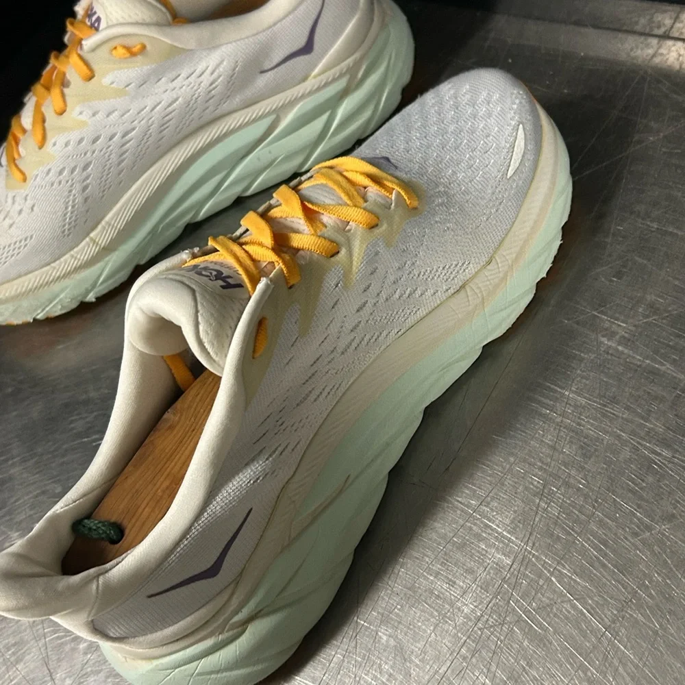 Hoka Women's White Sneakers with Yellow Laces and Purple Logo - Picture 4 of 11